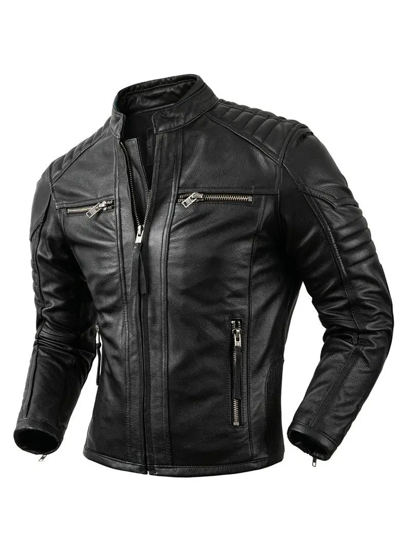 Veste en cuir naturel pour homme, première couche en peau de veau, col montant, blouson de moto rétro en cuir de vachette marron, vêtements de motard pour homme