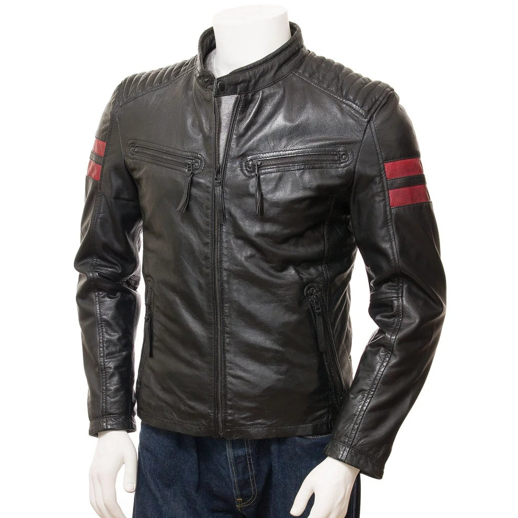 MEN BLACK LEATHER BIKER JACKET CAMERON