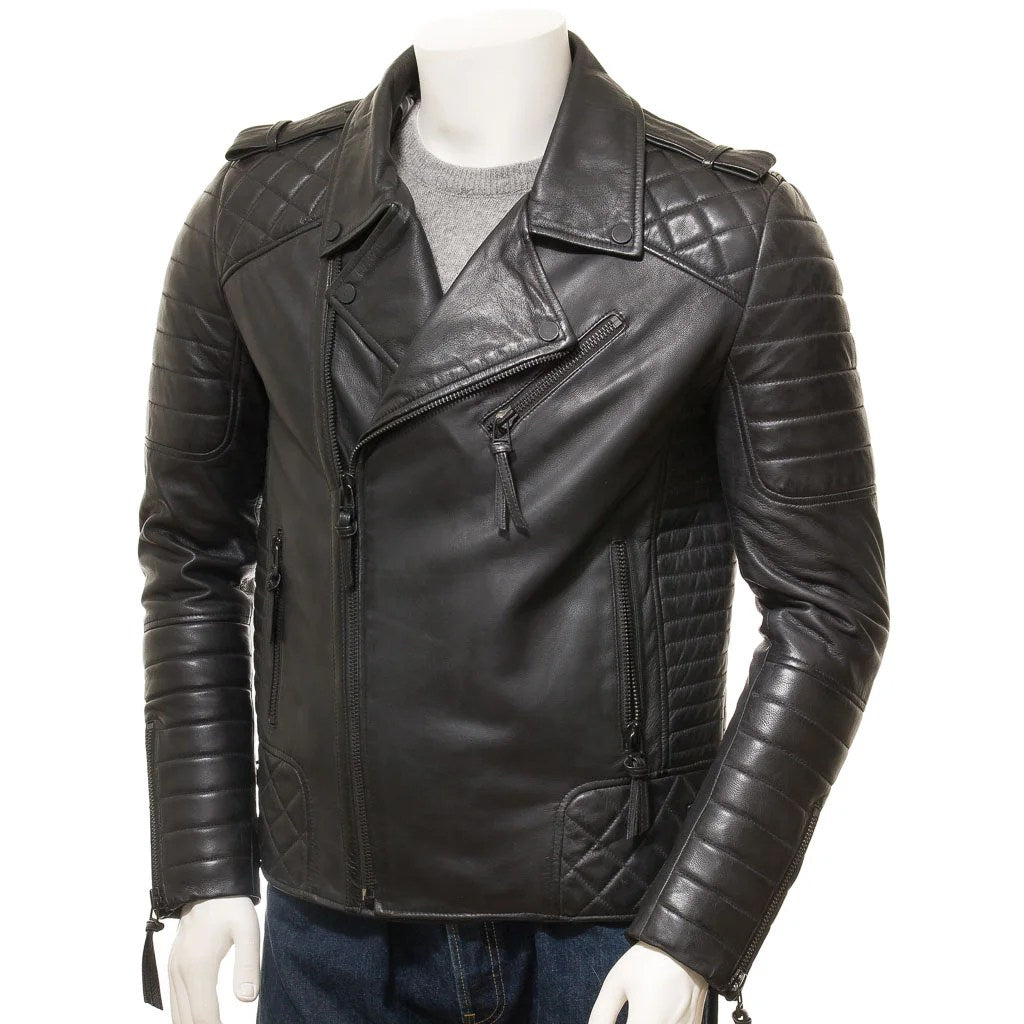 MEN BLACK LEATHER BIKER JACKET NICHOLS