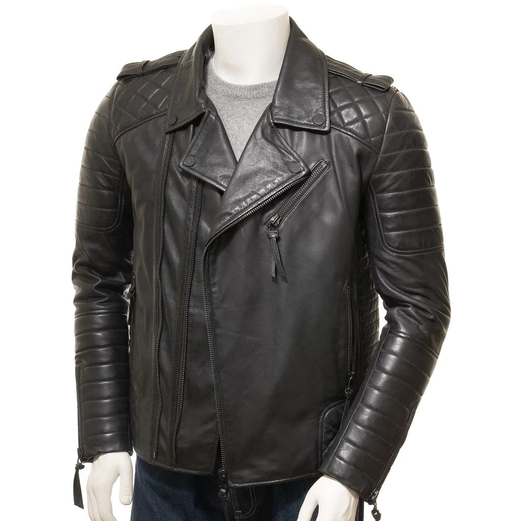 MEN BLACK LEATHER BIKER JACKET NICHOLS