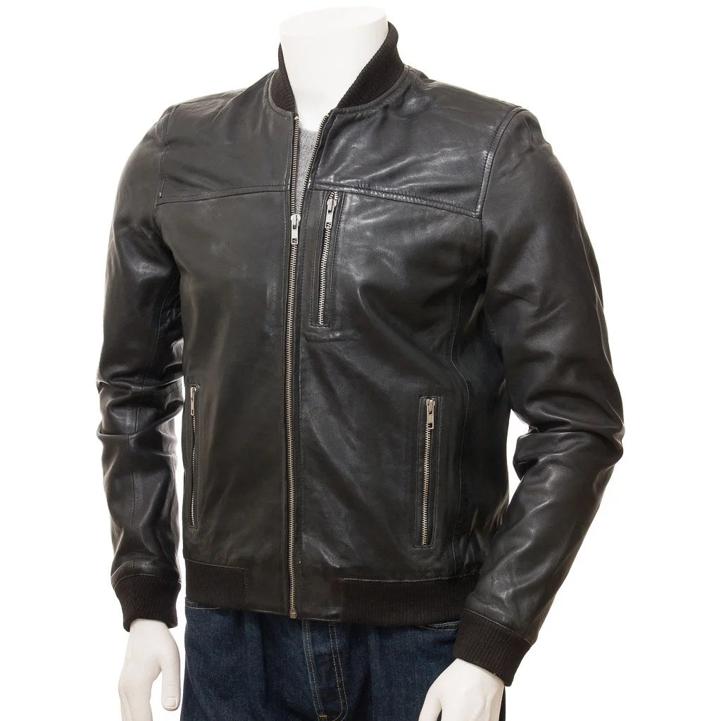 MEN BLACK LEATHER BOMBER JACKET BRASHER