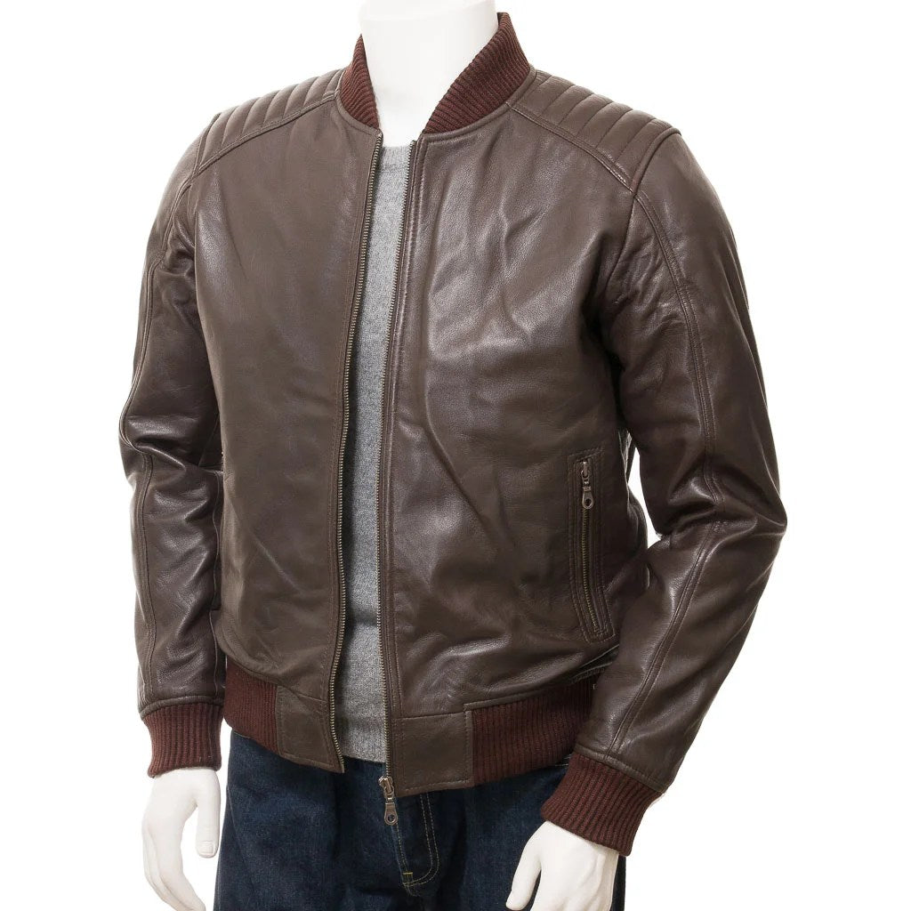 MEN BROWN LEATHER BOMBER JACKET BRUTUS