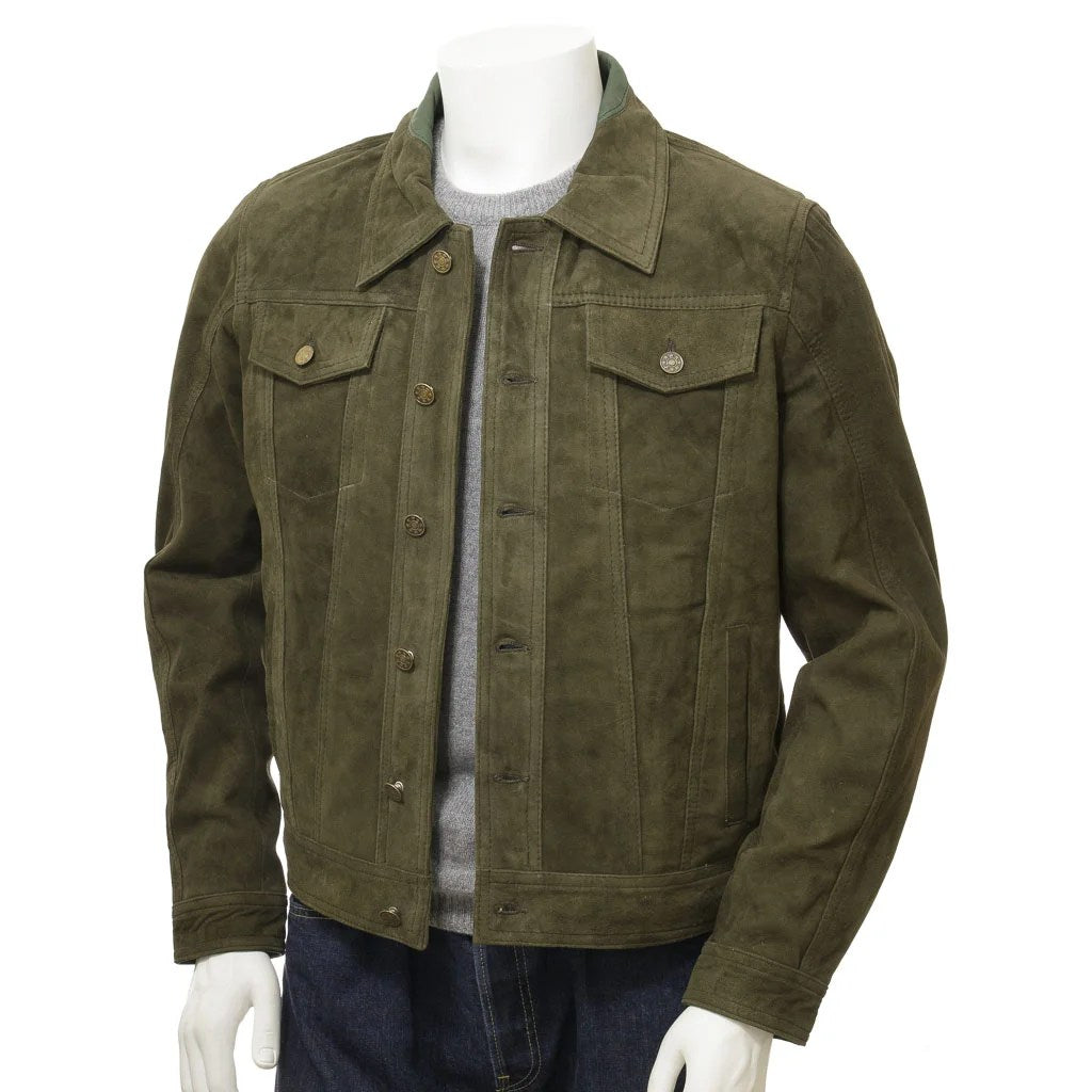 MEN OLIVE SUEDE TRUCKER JACKET BALDWIN
