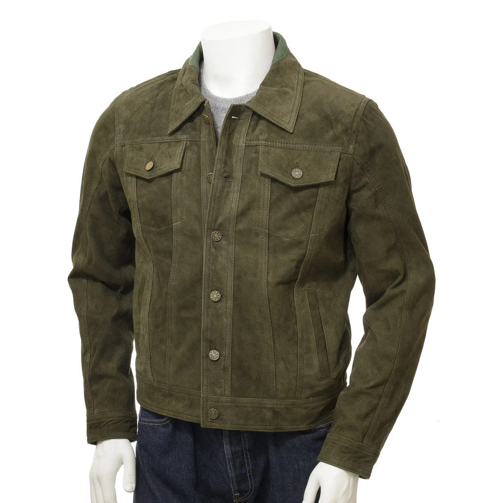 MEN OLIVE SUEDE TRUCKER JACKET BALDWIN