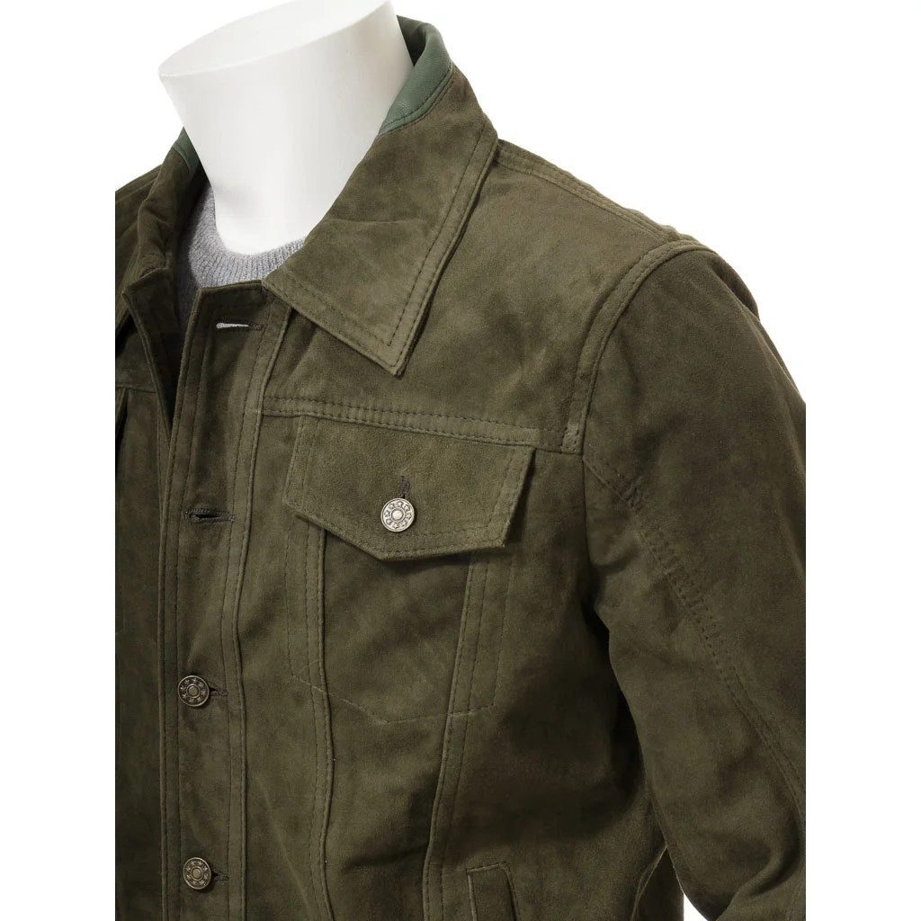 MEN OLIVE SUEDE TRUCKER JACKET BALDWIN