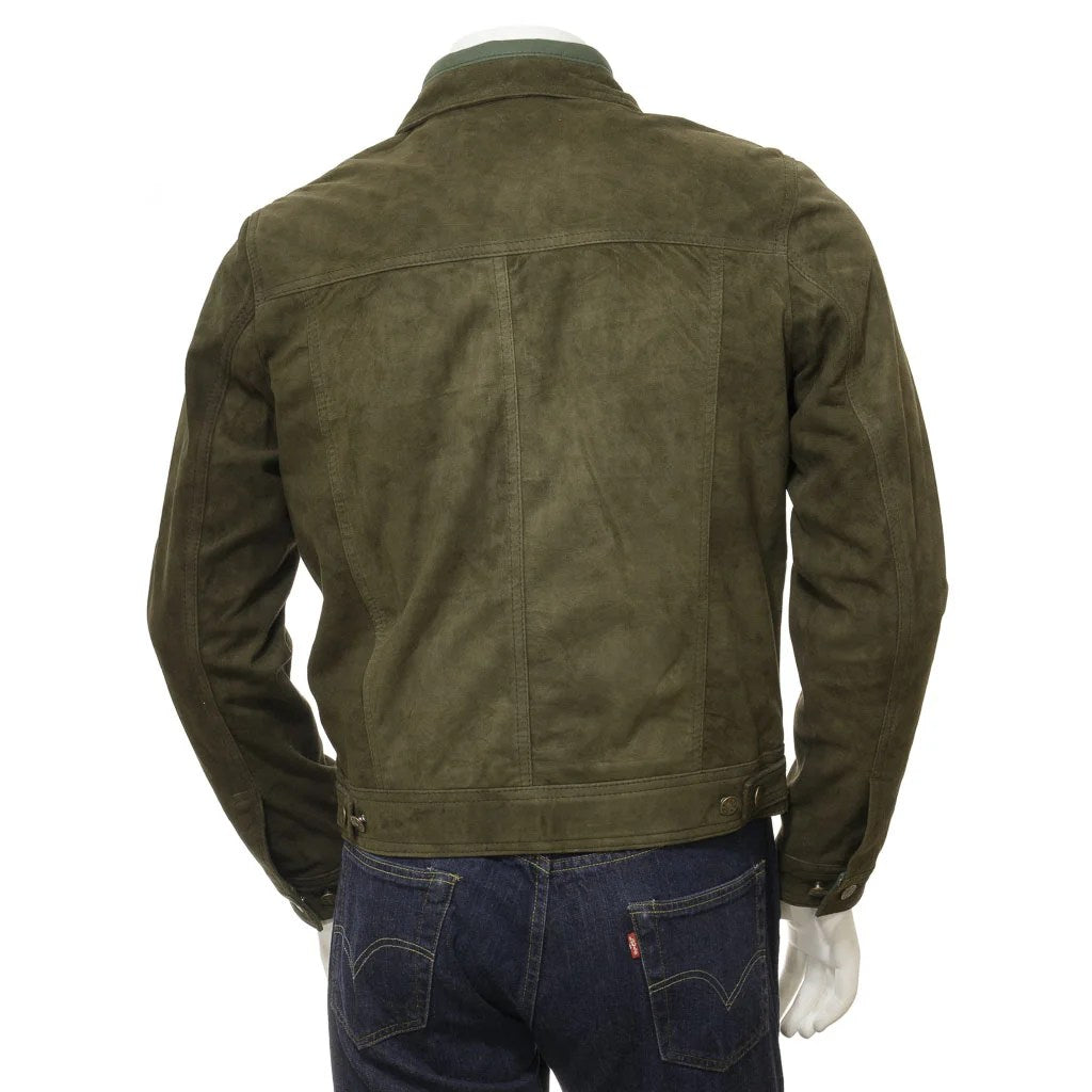 MEN OLIVE SUEDE TRUCKER JACKET BALDWIN