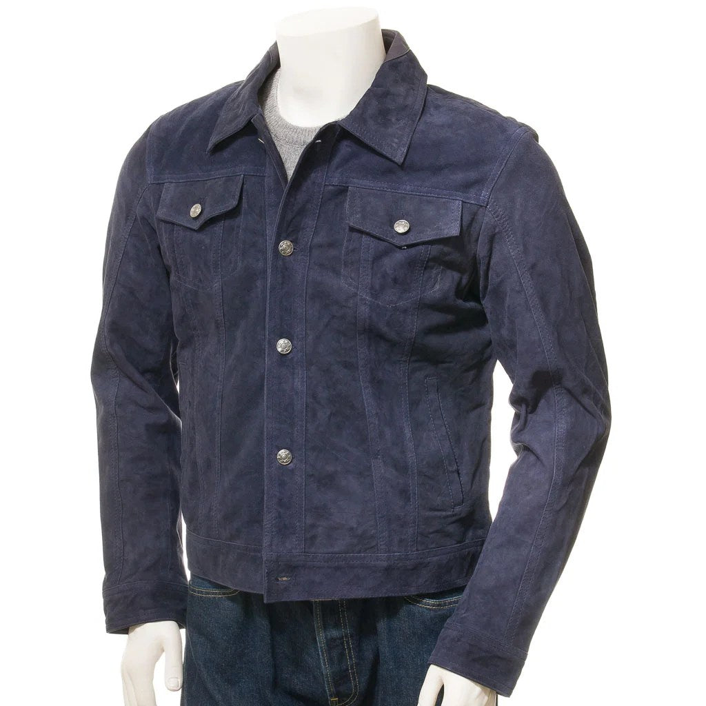 MEN BLUE SUEDE TRUCKER JACKET BARKER