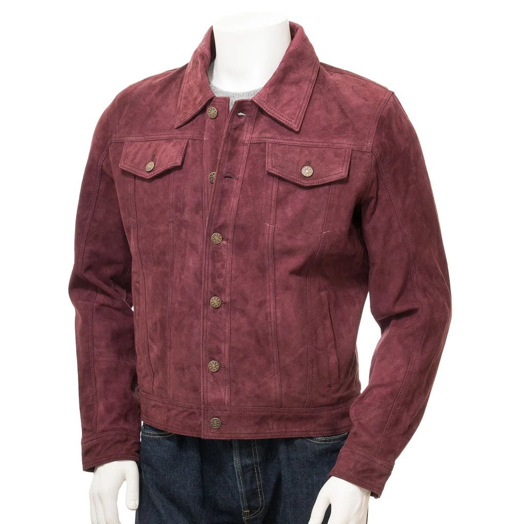 MEN BURGUNDY SUEDE TRUCKER JACKET BENSON