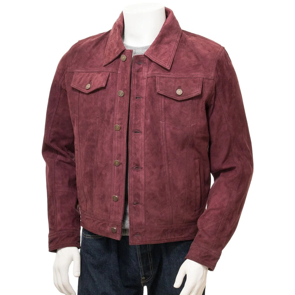 MEN BURGUNDY SUEDE TRUCKER JACKET BENSON