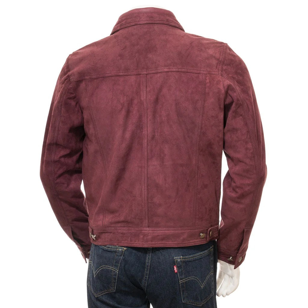 MEN BURGUNDY SUEDE TRUCKER JACKET BENSON