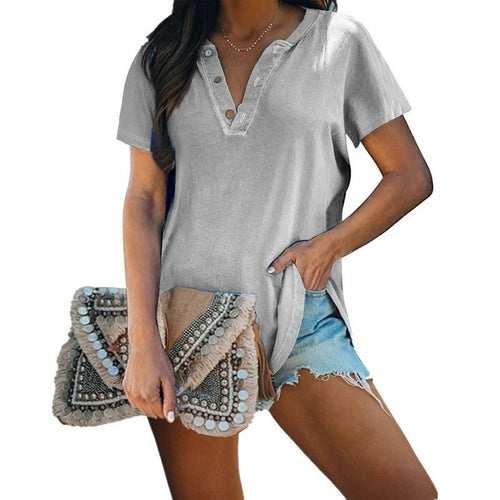 2021 New  Women Clothing   Solid Color Women Shirt V-neck Button Short