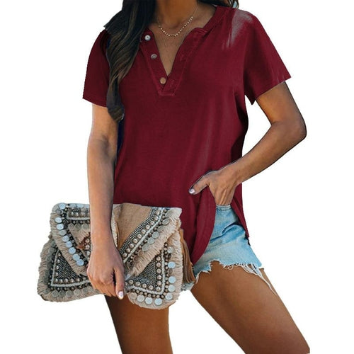 2021 New  Women Clothing   Solid Color Women Shirt V-neck Button Short