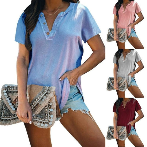 2021 New  Women Clothing   Solid Color Women Shirt V-neck Button Short