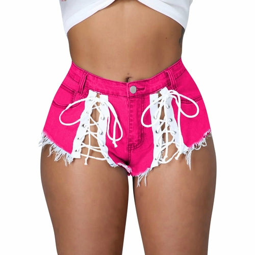 Women  Clothing   Lace-up Micro Tassel Denim Hot Pants Summer   Women