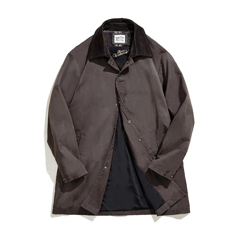 Maden Coupe-vent Homme Vintage Ciré Col Revers en Velours Côtelé Manteau Mi-longue Imperméable Coupe-vent Trench Veste Ample