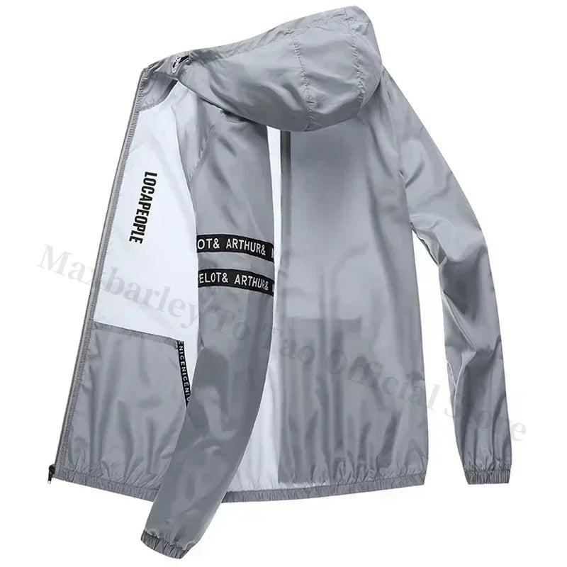 Vêtements de protection solaire d'été pour hommes, veste à capuche de vélo décontractée imperméable à séchage rapide, coupe-vent fin de randonnée grande taille