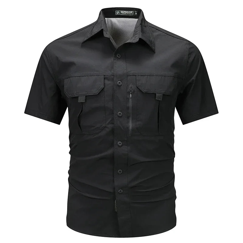 Chemise à manches courtes d'été pour homme, respirante, tactique, de travail, hauts décontractés d'extérieur à séchage rapide, chemises cargo multipoches pour le camping
