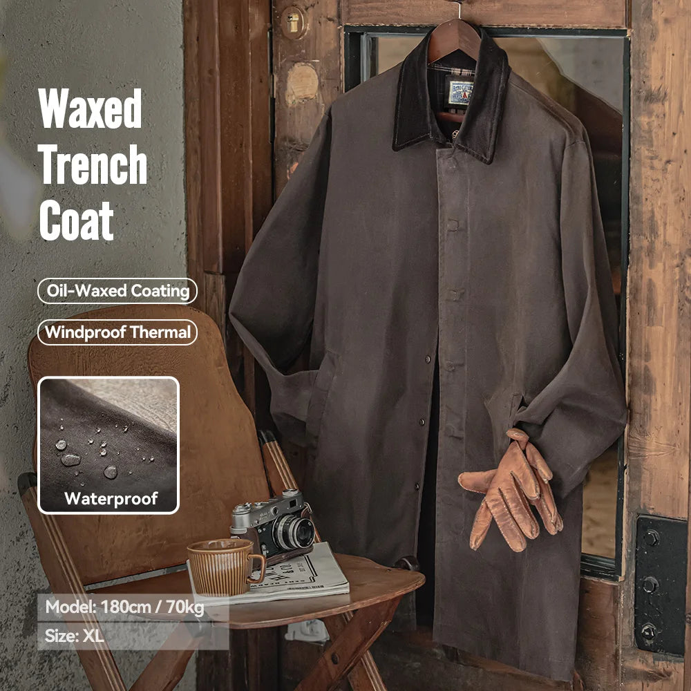 Maden Coupe-vent Homme Vintage Ciré Col Revers en Velours Côtelé Manteau Mi-longue Imperméable Coupe-vent Trench Veste Ample
