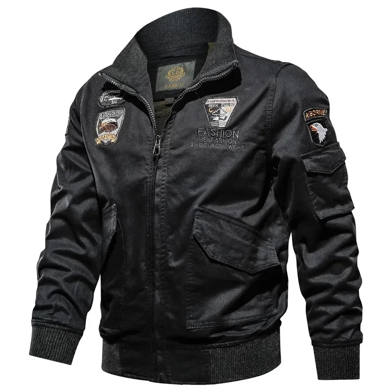 Retro Bomber Jackets Men Autumn Spring Embroidery Airplane Pilot Cargo Jackets Male Stand Collar  Embroidery Tactical Coats