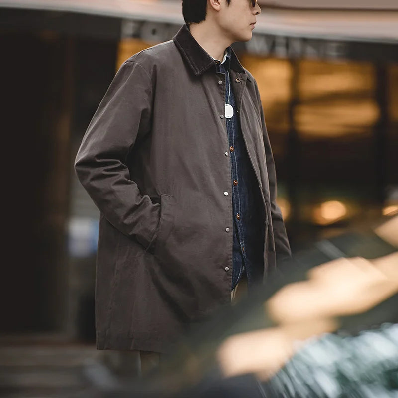 Maden Coupe-vent Homme Vintage Ciré Col Revers en Velours Côtelé Manteau Mi-longue Imperméable Coupe-vent Trench Veste Ample