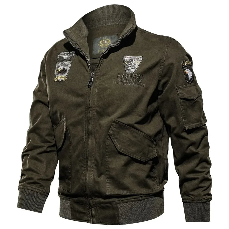 Retro Bomber Jackets Men Autumn Spring Embroidery Airplane Pilot Cargo Jackets Male Stand Collar  Embroidery Tactical Coats