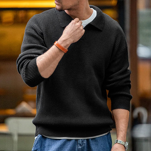 Maden - Polo tricoté rétro à col montant, tissage vertical, pull paresseux pour homme, revers doux et chaud, automne et hiver