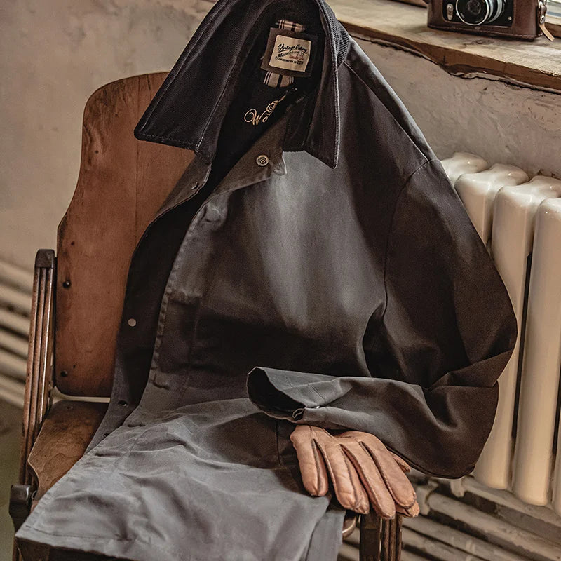 Maden Coupe-vent Homme Vintage Ciré Col Revers en Velours Côtelé Manteau Mi-longue Imperméable Coupe-vent Trench Veste Ample