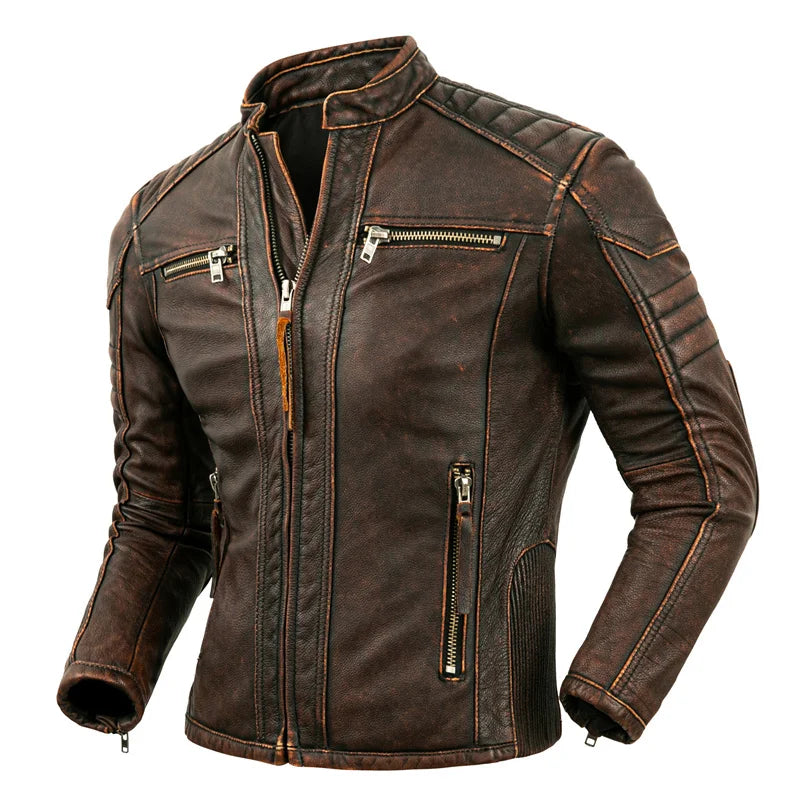 Veste en cuir naturel pour homme, première couche en peau de veau, col montant, blouson de moto rétro en cuir de vachette marron, vêtements de motard pour homme