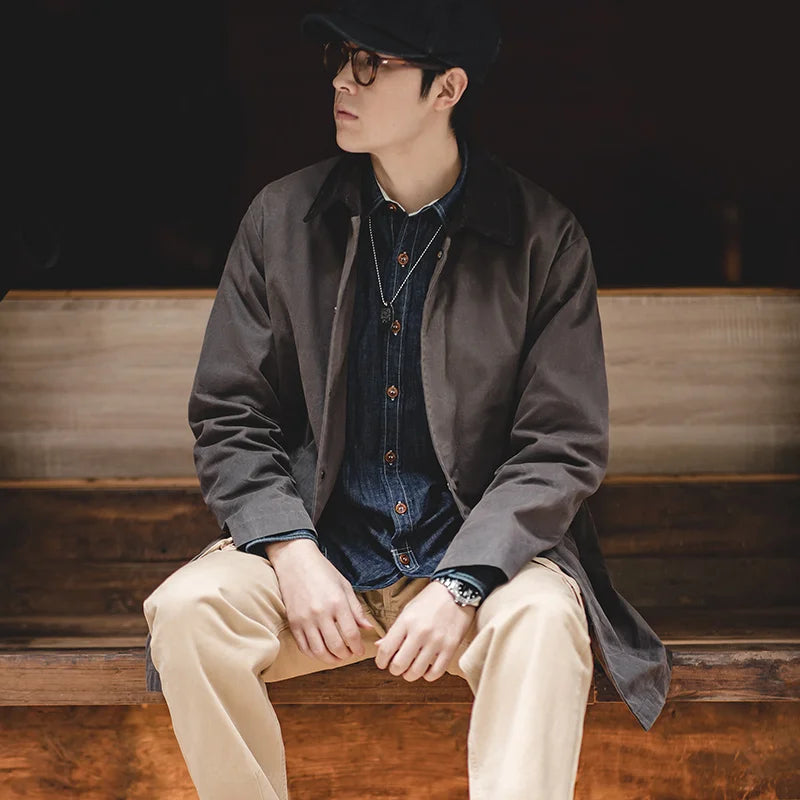 Maden Coupe-vent Homme Vintage Ciré Col Revers en Velours Côtelé Manteau Mi-longue Imperméable Coupe-vent Trench Veste Ample