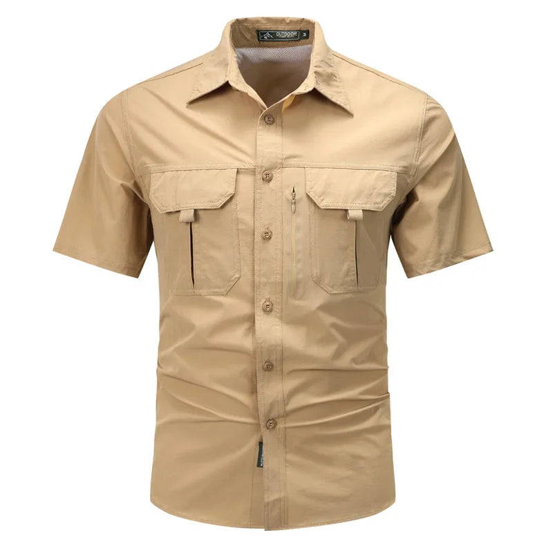 Chemise à manches courtes d'été pour homme, respirante, tactique, de travail, hauts décontractés d'extérieur à séchage rapide, chemises cargo multipoches pour le camping