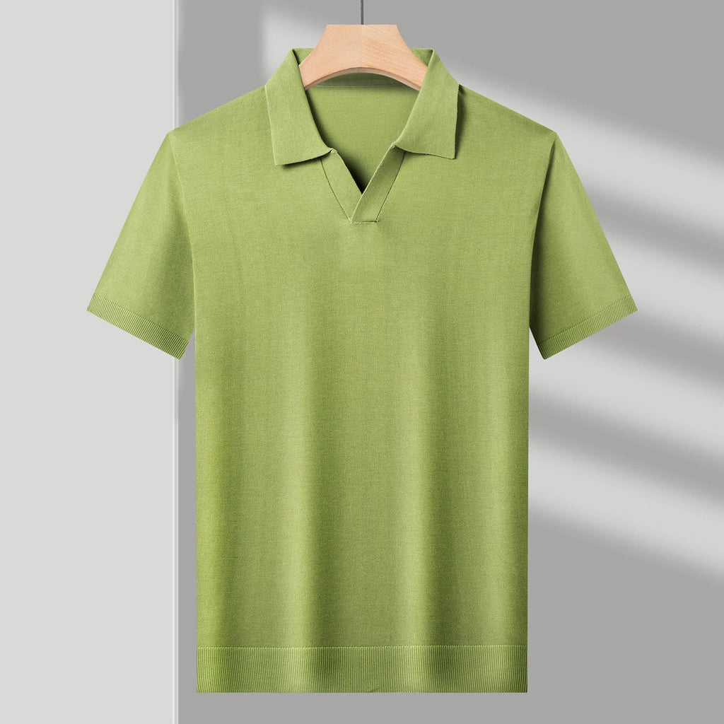 Men's Mulberry Silk Knit Polos 2024 Summer Classic Turn Down Color Lyocell Cotton Knitwear Short Sleeve Thin Knit Tee Shirts