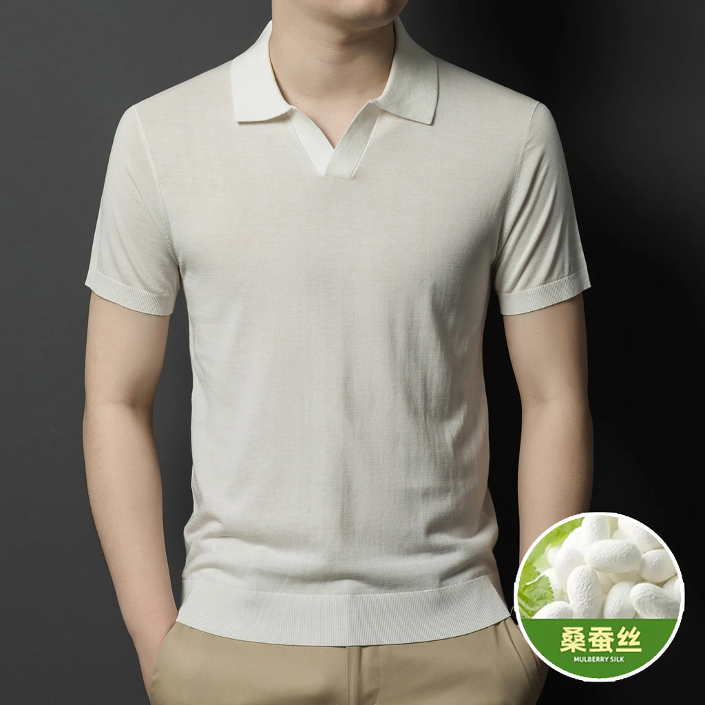 Men's Mulberry Silk Knit Polos 2024 Summer Classic Turn Down Color Lyocell Cotton Knitwear Short Sleeve Thin Knit Tee Shirts