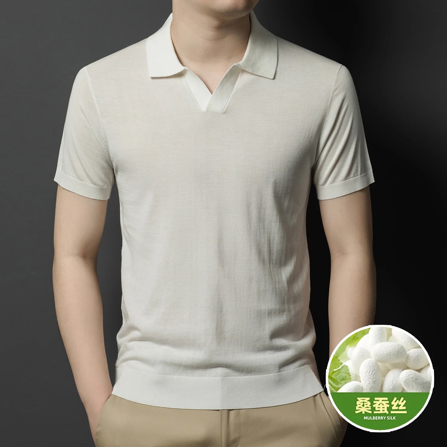 Men's Mulberry Silk Knit Polos 2024 Summer Classic Turn Down Color Lyocell Cotton Knitwear Short Sleeve Thin Knit Tee Shirts
