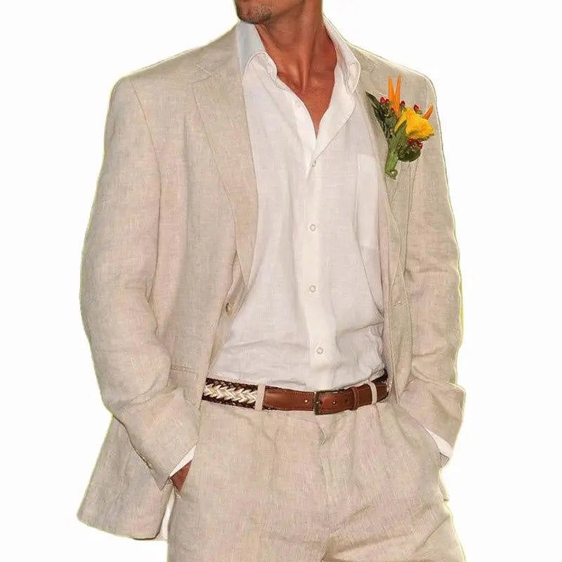 Costume Homme en Lin Beige 2 Pièces Mariage à la Plage Style Américain Veste avec Pantalon Tuxedos Formels pour Marié (Blazer+Pantalon)