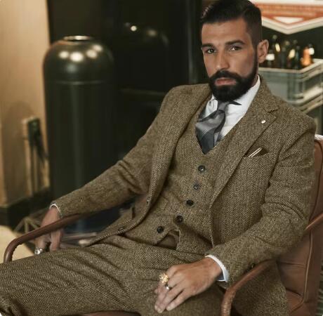 AutumnWinter Herringbone British-Style Retro Gentlemans Slim-Fit Three-Piece Suit Casual Set - Bluesky Trading