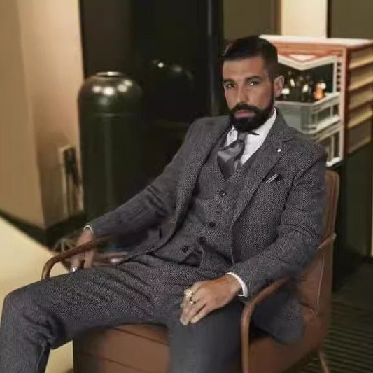 AutumnWinter Herringbone British-Style Retro Gentlemans Slim-Fit Three-Piece Suit Casual Set - Bluesky Trading