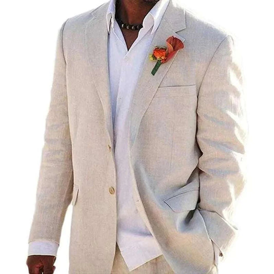 Beige linen men's suit blazer and pants set for beach wedding groom tuxedo