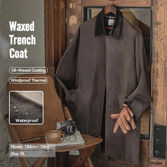 Men's vintage waxed windbreaker with corduroy collar and mid-length loose fit overcoat