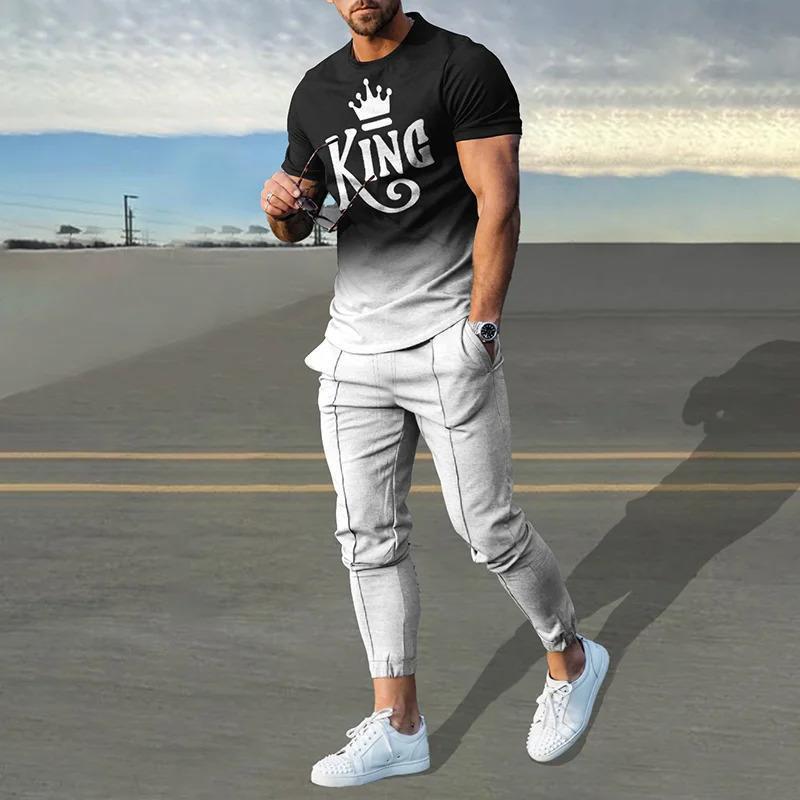 Mens Casual Sporty Printed T-Shirt And Pants Two-Piece Set - Bluesky Trading