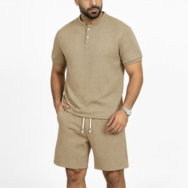 Mens Jacquard Stand-Collar T-Shirt And Shorts Two-Piece Set - Bluesky Trading