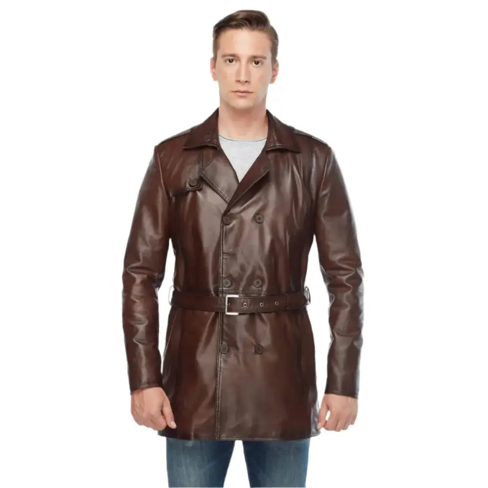 Vintage Brown Leather Trench Coat Men